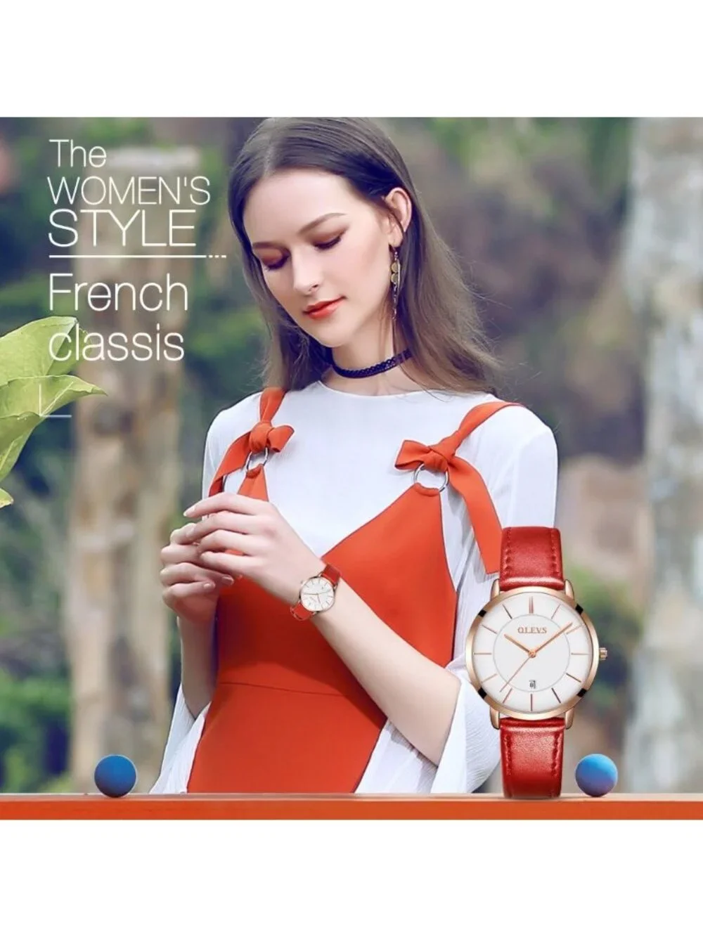 Women's White dial & Rose gold bezel & Red band Classic Dress Wrist Watches